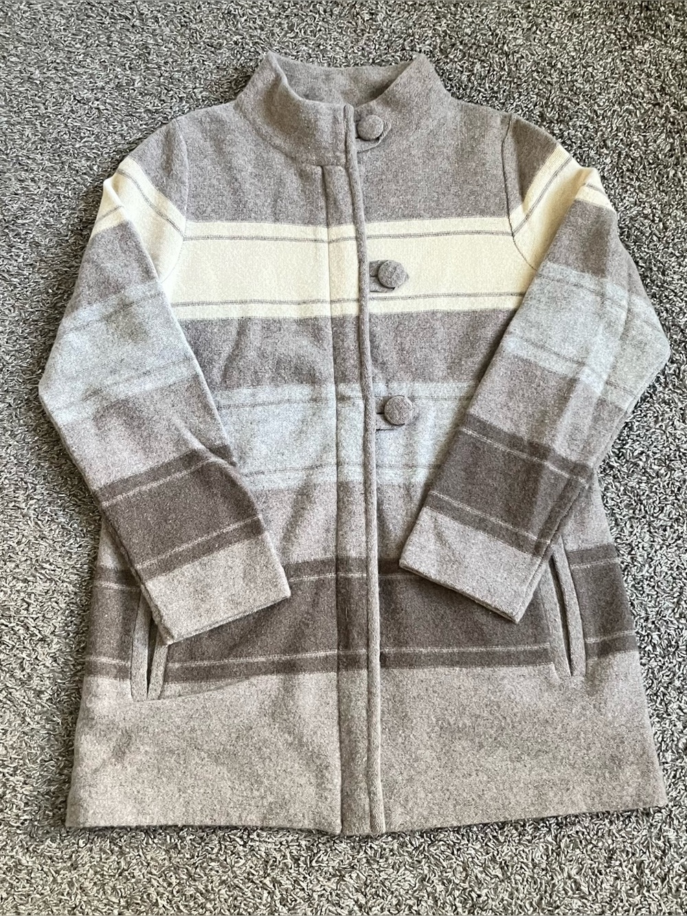 Pendleton 100% Lambs Wool Striped Cardigan Coat Jacket Beige White Full Zip S